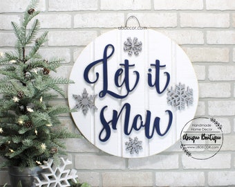 Navy Let it Snow Door Sign, Snowflake door hanger, Wood Wreath for front door, Christmas Winter Wreath, 19.5", Farmhouse Front Door Decor