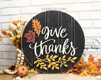 Give Thanks Door Sign, Fall Door Hanger, Autumn Fall Leaves, Rustic wood Shiplap sign, Front door decor, Thanksgiving Wreath for front door