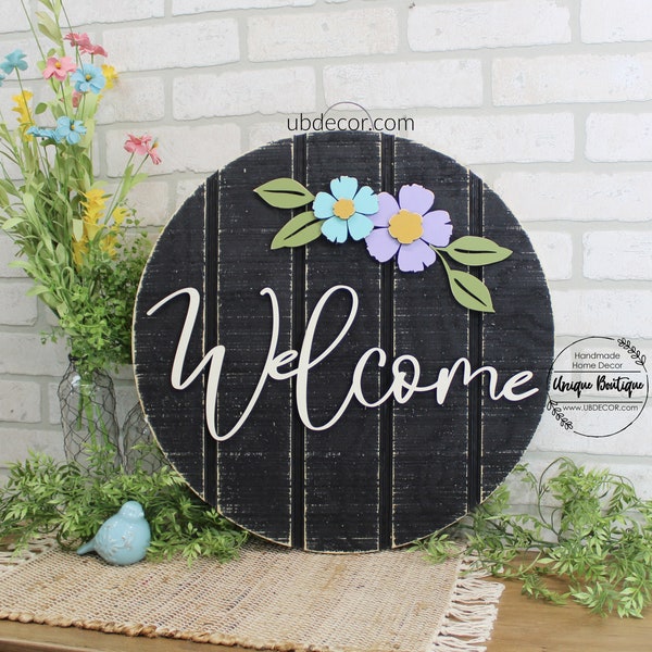 Front door decor, Hello sign for front door, Summer door hanger, Wreath for front door, Round wood sign 19.5", Daisy Flowers, Welcome signs