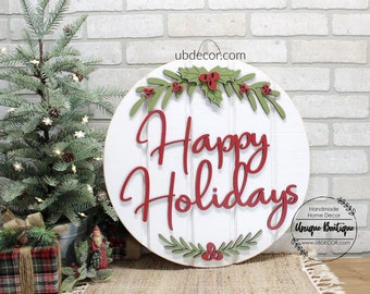 Happy Holidays Door Hanger, Christmas Door signs, Farmhouse Christmas Decor, Round wood shiplap sign, Holiday Wreath for front door decor