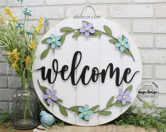 Summer Door Hanger with flowers, Front door decor, Welcome sign for front door, Spring Daisy Wreath, 19.5" Round wood sign, front door signs