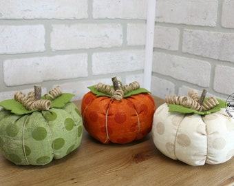 Set of 3 Pumpkins for Fall, Polka Dot Pumpkins, Stuffed Fabric Pumpkins, Rustic autumn decor, Halloween decor, Farmhouse style