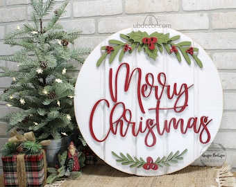 Merry Christmas Door Hanger, Christmas Door signs, Farmhouse Christmas Decor, Round wood shiplap sign, Wreath for front door decor, 19.5"