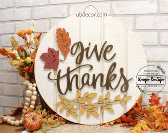 Give Thanks Door Sign, Fall Door Hanger, Autumn Fall Leaves, Rustic wood Shiplap sign, Front door decor, Thanksgiving Wreath for front door