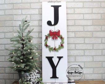 Joy Shiplap Sign | Rustic wood Christmas Wreath Holiday | Farmhouse wall Decor | Door Hanger porch | Wooden sign 35x11, home entryway decor