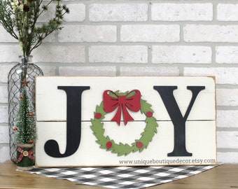 Joy Shiplap Sign, Rustic wood Christmas Holiday Wreath, Farmhouse wall Decor, Wooden Christmas sign 22x11, Farmhouse Christmas Signs