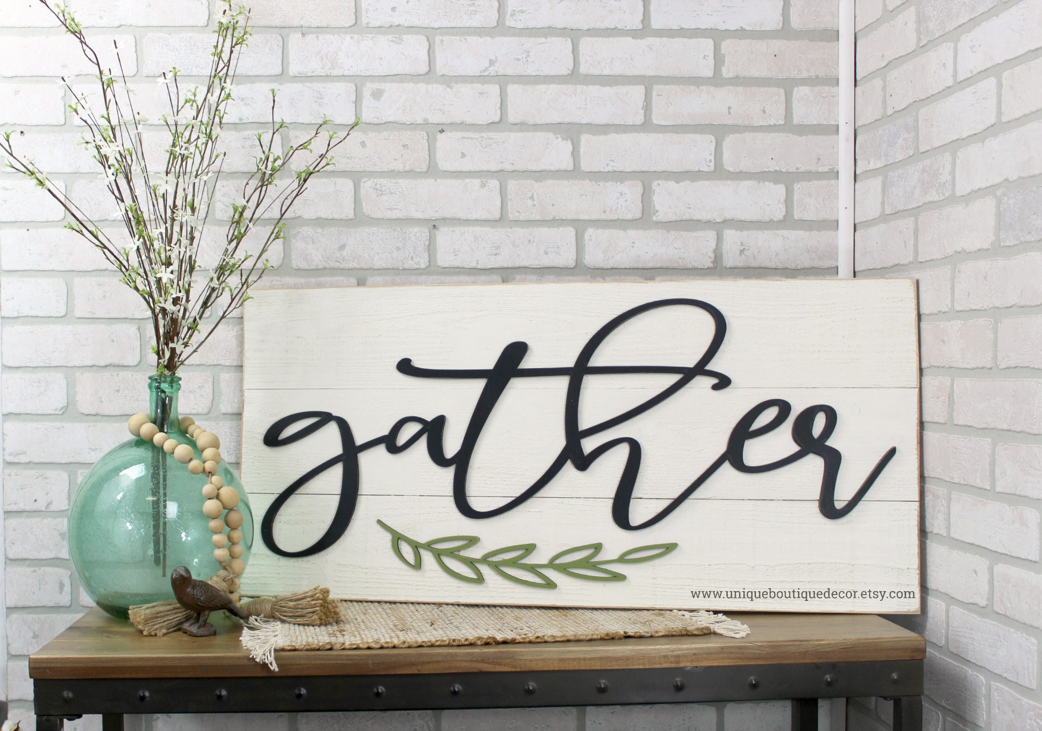 GATHER Rustic Wood Sign Distressed White Decor Farmhouse Fixer Upper Style