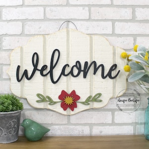 Welcome door sign, Front door Decor, 22x15, Red Floral Door Hanger, wooden sign, Rustic Wood Sign, Farmhouse wall Decor, Unique Boutique