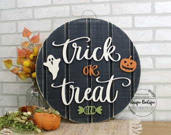 Trick or Treat Halloween Door Hanger, Fall Door Sign, Rustic Fall Decor, wood shiplap sign, 19.5", Farmhouse wall Decor, Autumn Door Wreath