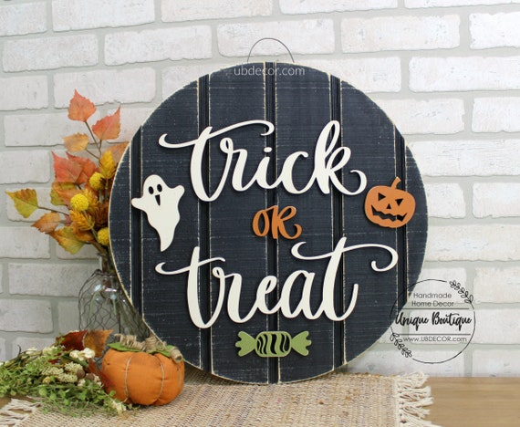 Trick or Treat Halloween Door Hanger, Fall Door Sign, Rustic Fall Decor, wood shiplap sign, 19.5", Farmhouse wall Decor, Autumn Door Wreath