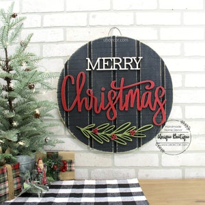 Merry Christmas Door Hanger, Christmas Door signs, Farmhouse Christmas Decor, Round wood shiplap sign, Wreath for front door decor, 19.5 image 2