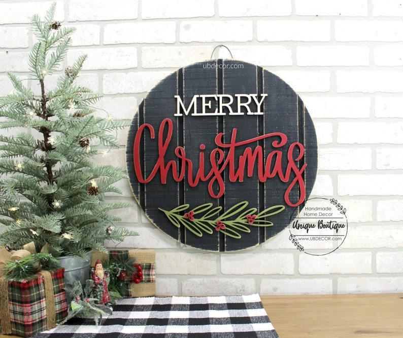 Merry Christmas Door Hanger, Christmas Door signs, Farmhouse Christmas Decor, Round wood shiplap sign, Wreath for front door decor, 19.5 image 2