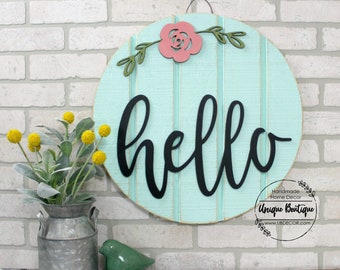 Hello sign for front door, Teal Blush pink Flower door hanger, Round Door Hanger, wood shiplap sign, spring wreath for front door decor