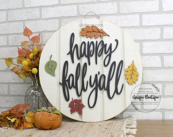 Front Door Decor, Happy Fall Y'all Door Sign, Fall Door Hanger, Autumn leaves, Fall wreath for front door, Rustic wood Shiplap Round sign
