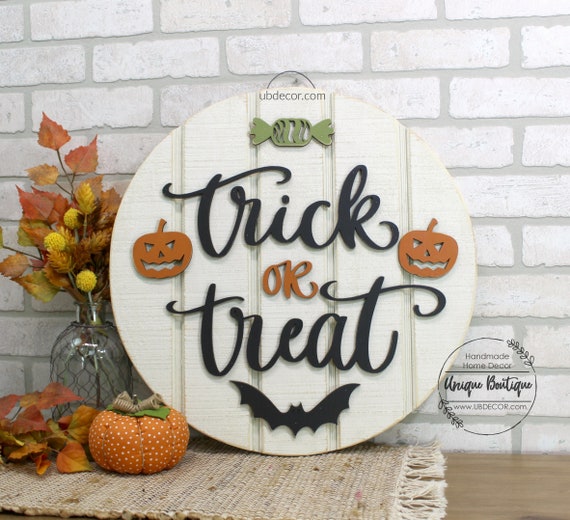 Trick or Treat Halloween Door Hanger, Fall Door Sign, Rustic Fall Decor, wood shiplap sign, 19.5", Farmhouse wall Decor, Autumn Door Wreath