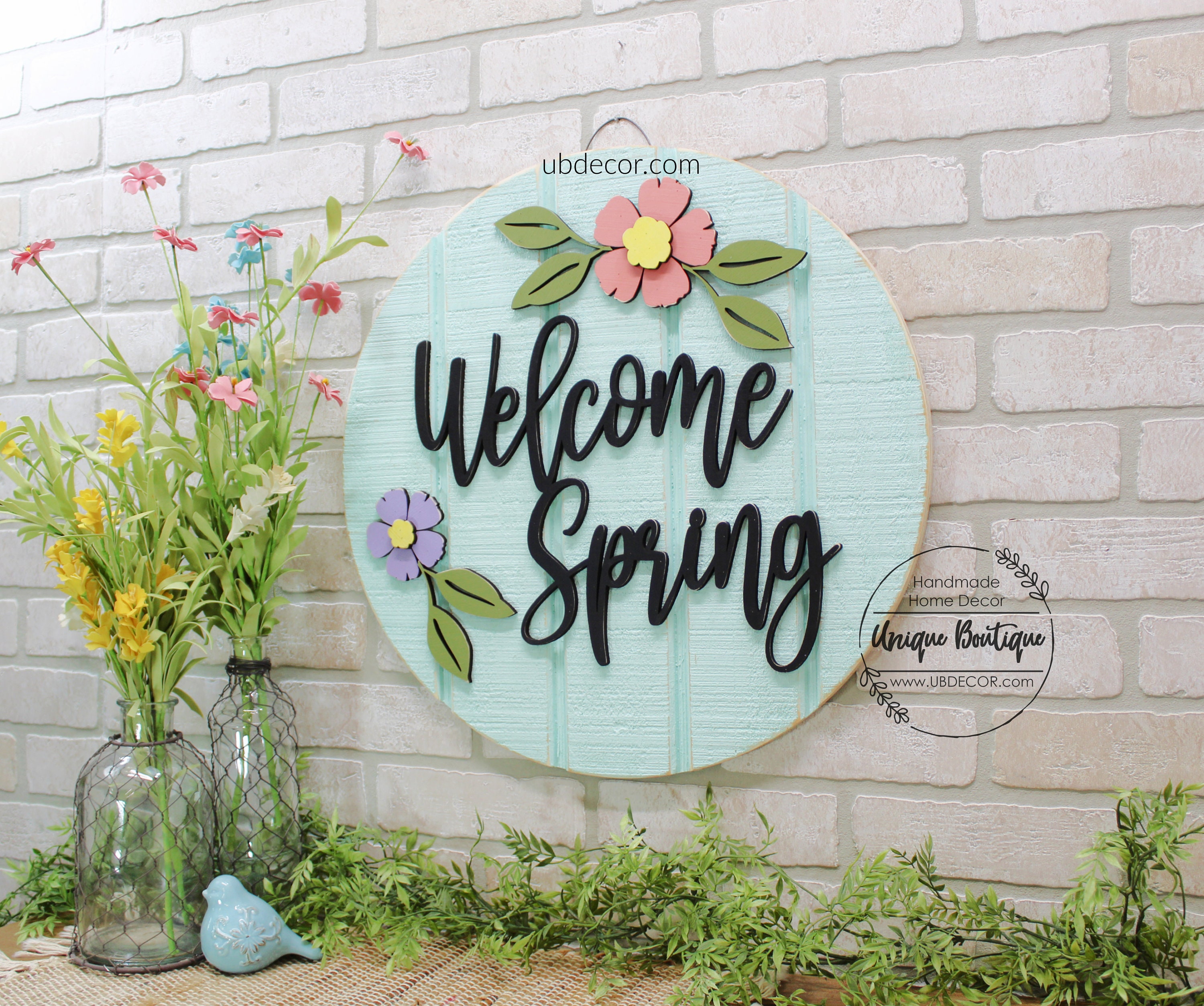 Welcome Spring Door Hanger, Spring Wreath for Front Door, Teal Blue ...