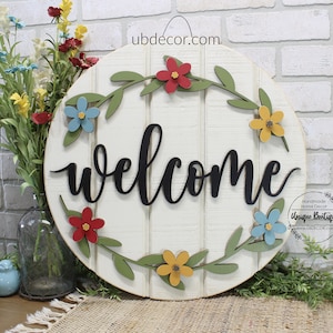 Summer Door Hanger with flowers, Front door decor, Welcome sign for front door, Front door Wreath, 19.5" Round wood sign, front door signs