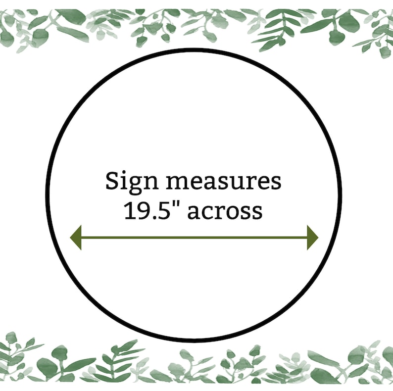 May include: A white circle with a black outline and the text "Sign measures 19.5" across" with a green arrow pointing to the left and right.