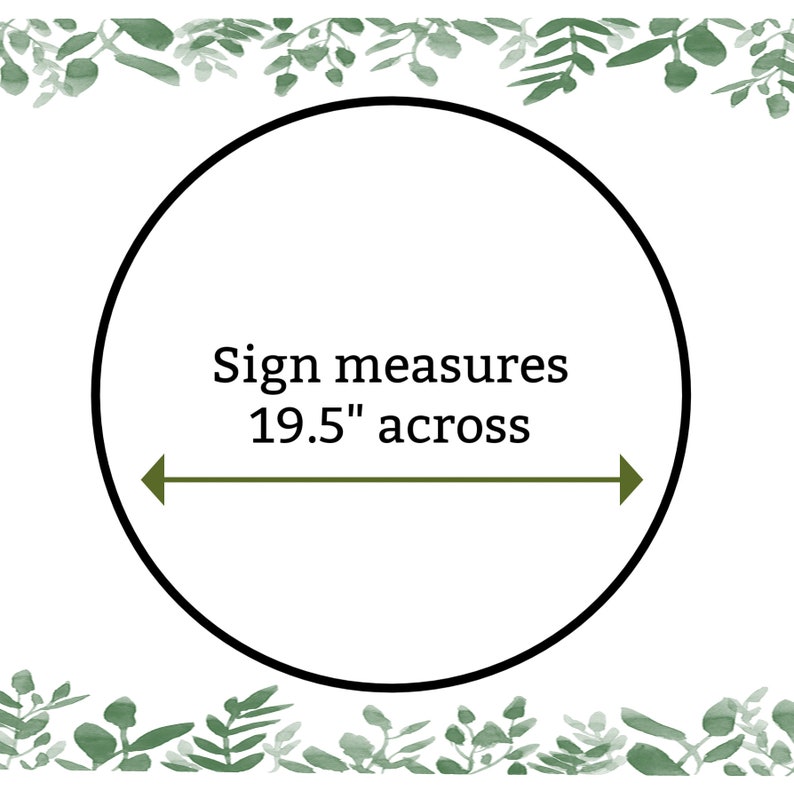 Pu&ograve; includere: Un cerchio bianco con un contorno nero e il testo "Sign measures 19.5" across" con una freccia verde che punta a sinistra e a destra.