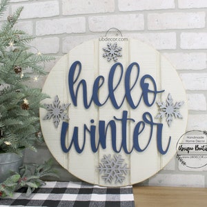 Navy Hello Winter Door Sign, Snowflake door hanger, Wood Wreath for front door, Christmas Winter Wreath, 19.5", Farmhouse Front Door Decor