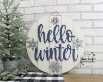 Navy Hello Winter Door Sign, Snowflake door hanger, Wood Wreath for front door, Christmas Winter Wreath, 19.5", Farmhouse Front Door Decor