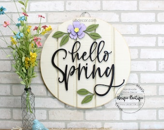 Spring Wreath for front door, Hello Spring Door Hanger, Lavender Lilac flower, Rustic shiplap Front Door Sign, Wood Door Hanger, 19.5" Round