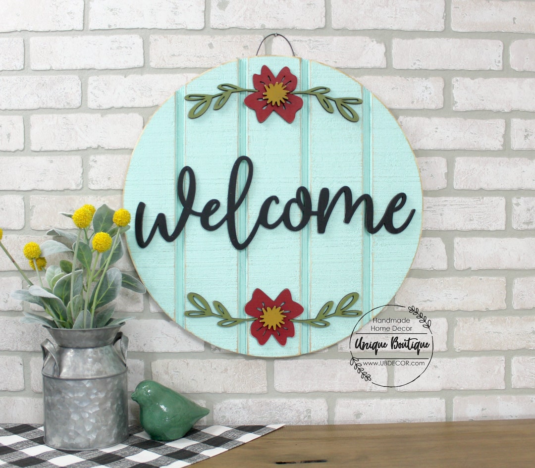 Door Hanger, Teal Red Flower Door Sign, Sign for Front
