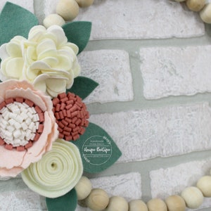 Felt Flower Wood Bead hoop Wreath, 10 Spring Felt Flowers decor, Dusty rose, Blush Pink, Ivory flowers, Floral wall decor, door hanger image 2