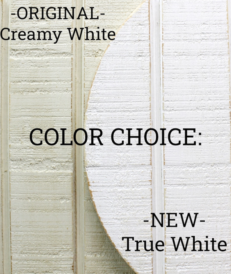 May include: Two wood samples showing different shades of white paint. The left sample is labeled "ORIGINAL - Creamy White" and the right sample is labeled "NEW - True White". The text "COLOR CHOICE" is displayed in the center of the image.