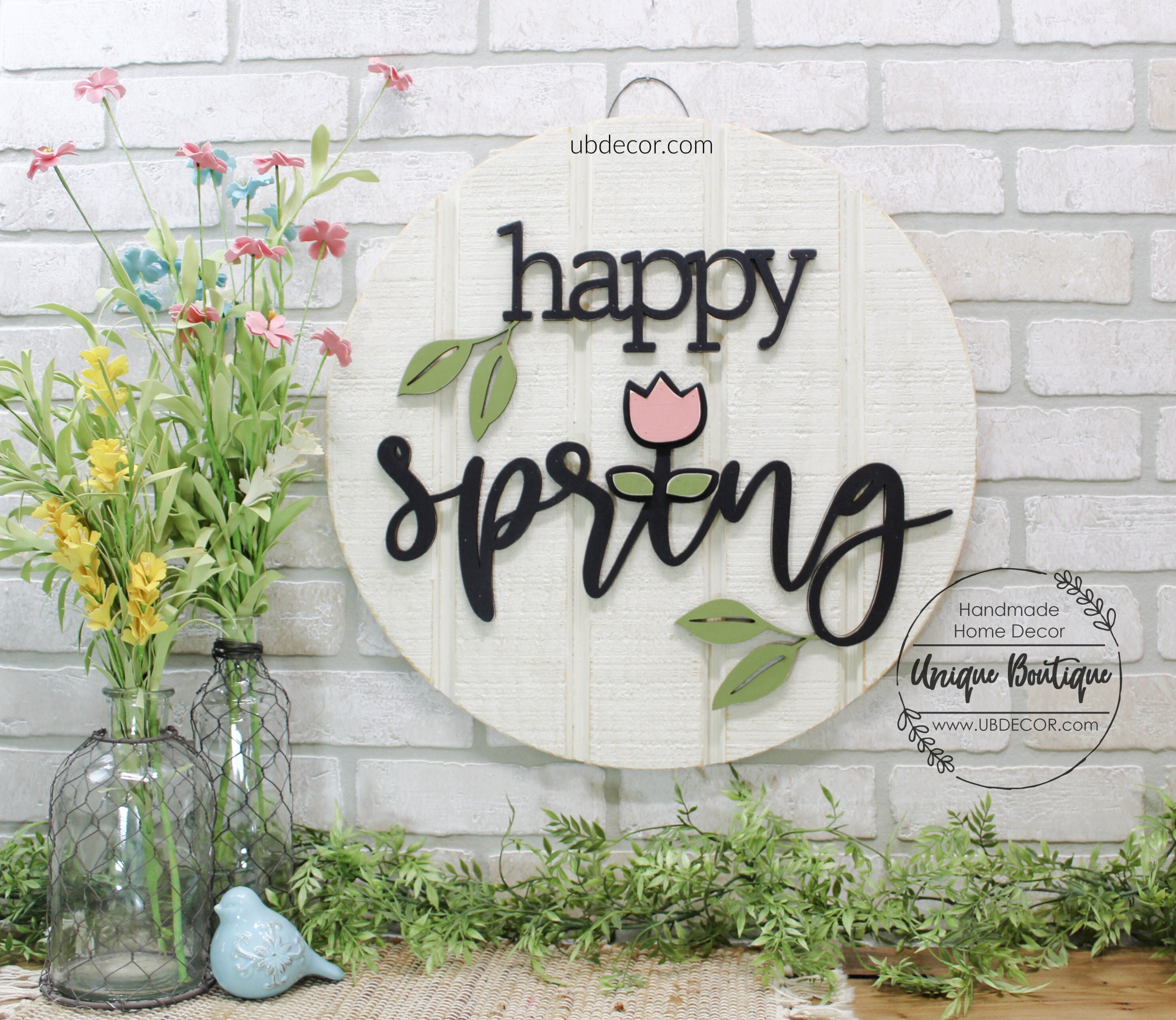 Spring Wreath for Front Door, Happy Spring Door Hanger, Pink Tulip