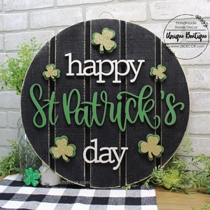 Happy St. Patrick's Day Door Hanger, Green Gold Glitter Shamrocks, Front Door Decor, Rustic Shiplap Sign, 19.5" round, Welcome door sign