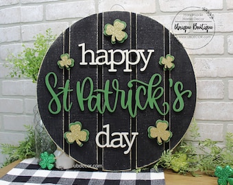 Happy St. Patrick's Day Door Hanger, Green Gold Glitter Shamrocks, Front Door Decor, Rustic Shiplap Sign, 19.5" round, Welcome door sign