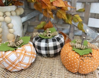 Stuffed Fabric Pumpkins, Set of 3, Black and white plaid & polka dot pumpkins, Rustic Fall Decor, Farmhouse decor, Halloween decorations