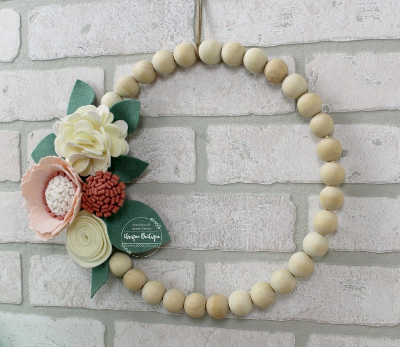 Felt Flower Wood Bead hoop Wreath, 10 Spring Felt Flowers decor, Dusty rose, Blush Pink, Ivory flowers, Floral wall decor, door hanger image 4