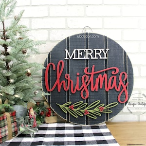 Merry Christmas Door Hanger, Christmas Door signs, Farmhouse Christmas Decor, Round wood shiplap sign, Wreath for front door decor, 19.5 image 1