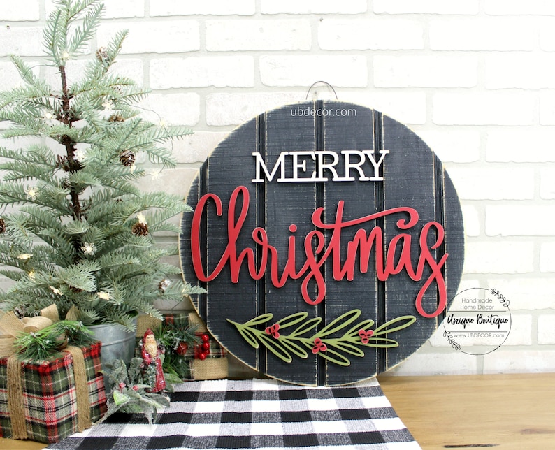 Merry Christmas Door Hanger, Christmas Door signs, Farmhouse Christmas Decor, Round wood shiplap sign, Wreath for front door decor, 19.5 image 1