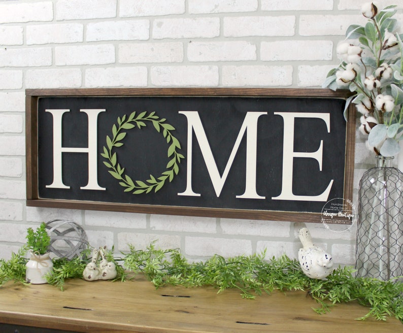 Large HOME Sign Framed Wood sign Boxwood wreath sign Home Etsy
