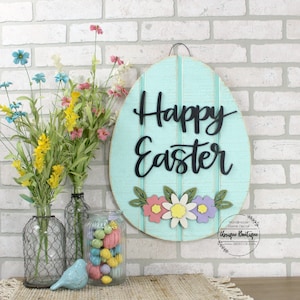 Happy Easter Sign with Flowers, Easter Egg Door Decor, Spring door hanger, Wood shiplap sign, Spring Floral Wreath for front door, Teal Pink