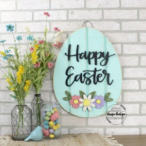 Happy Easter Sign with Flowers, Easter Egg Door Decor, Spring door hanger, Wood shiplap sign, Spring Floral Wreath for front door, Teal Pink