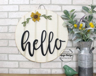 Hello Door Sign, Front Door Decor, Round Door Hanger, Mustard Wall Decor, wood shiplap sign, Modern Farmhouse, Welcome Sign for front door