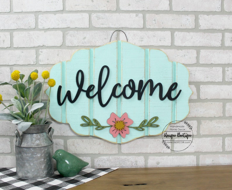 Teal Sign With Pink Flower Modern Door Wreath Wood Etsy