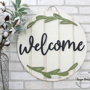 Welcome Sign for Front Door, Hanging Wood sign, Front Door Decor, year round sign, BLACK 3D lettering, 19.5", Modern Wreath for front door