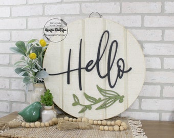 Hello Sign, Botanical Greenery, Front Door Sign, Door Hanger, Front Door Decor, Wreath for front door year round, Black 3D lettering, 19.5"