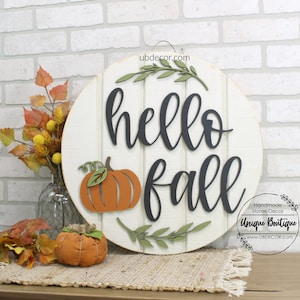 Decoración para puerta de entrada, letrero de puerta de "Hola Otoño", colgador de puerta de otoño, letrero de "Hola Calabaza", letrero rústico de madera con traslape, corona de otoño de Halloween para puerta de entrada.