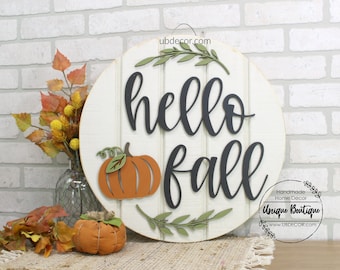 Front Door Decor, Hello Fall Door Sign, Fall Door Hanger, Hello Pumpkin sign, Rustic wood Shiplap sign, Halloween Fall Wreath for front door