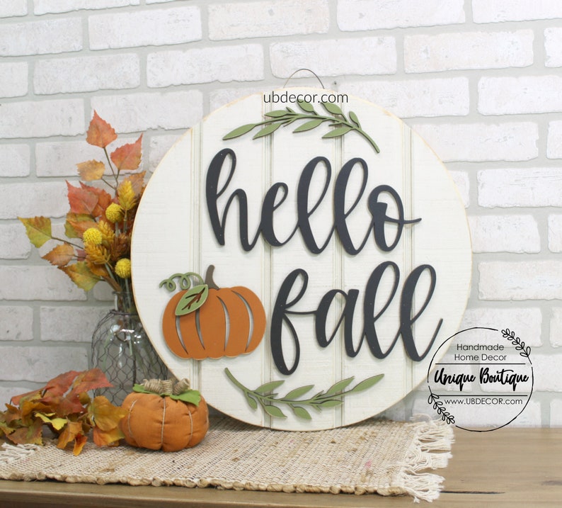 Front Door Decor, Hello Fall Door Sign, Fall Door Hanger, Hello Pumpkin sign, Rustic wood Shiplap sign, Halloween Fall Wreath for front door image 1