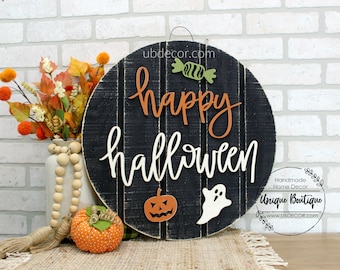Happy Halloween Door Hanger, Rustic Fall Door Sign, pumpkin ghost candy, wood shiplap sign, 19.5", Farmhouse wall Decor, Autumn Door Wreath
