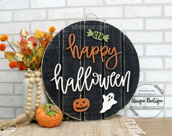 Happy Halloween Door Hanger, Rustic Fall Door Sign, pumpkin ghost candy, wood shiplap sign, 19.5", Farmhouse wall Decor, Autumn Door Wreath