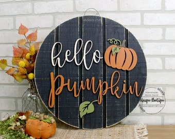 Fall Door Hanger, Hello Pumpkin Door sign, Front Door Decor, Hello Fall Sign, Rustic wood Shiplap sign, Halloween Fall Wreath for front door