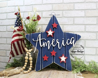 4th of July wreath, Patriotic Door Hanger, America Star Hanging Sign, Red white Blue, Summer door sign, front door decor, fourth of july